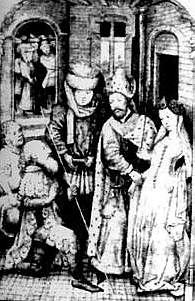 Испанский король представляет Бругильду, как невесту, послам от короля Сигебера (Большие французские хроники).