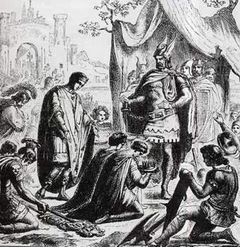 Ромул Августул слагает перед Одоакром знаки императорского достоинства.