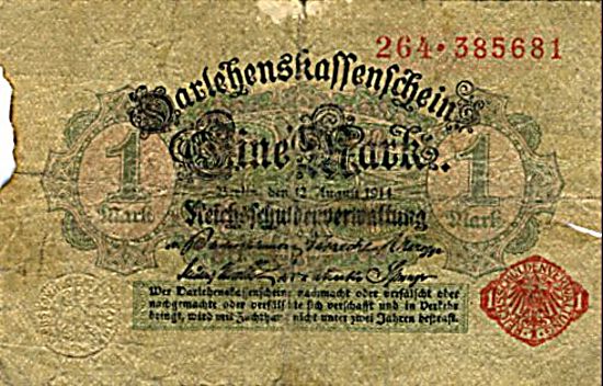 Германския банкнота 1 марка. 1914 год.   Из коллекции Лимарева В.Н.