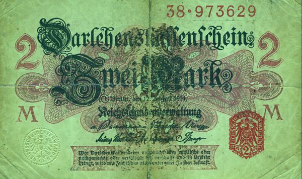 Германския банкнота 2 марки. 1914 год.   Из коллекции Лимарева В.Н.