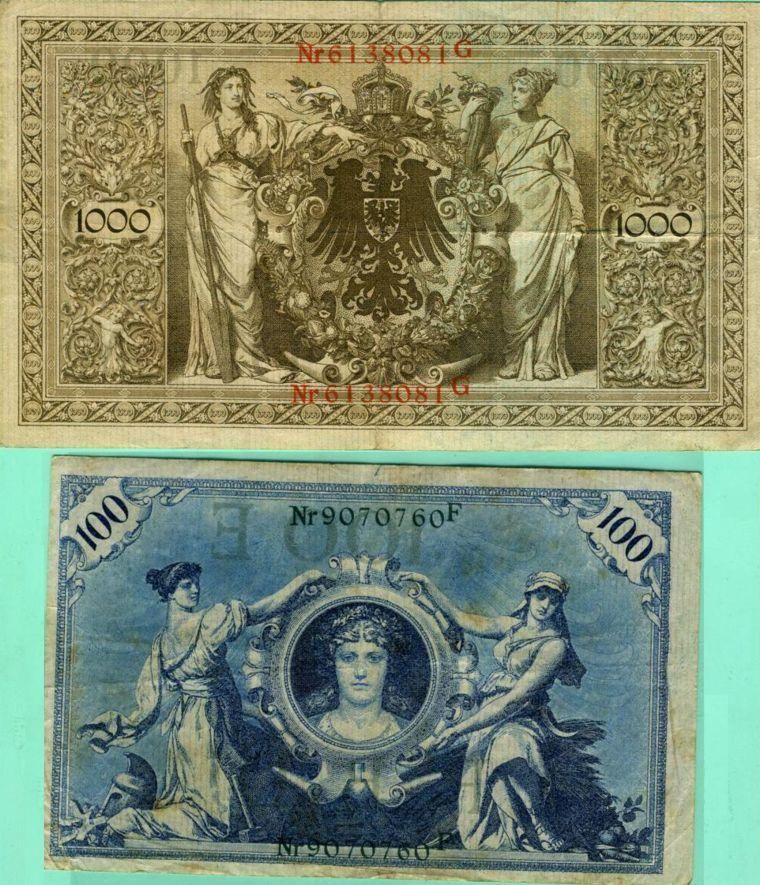 Германския банкнота 1000 и 100  марок начала 20 века. Из коллекции Лимарева В.Н.