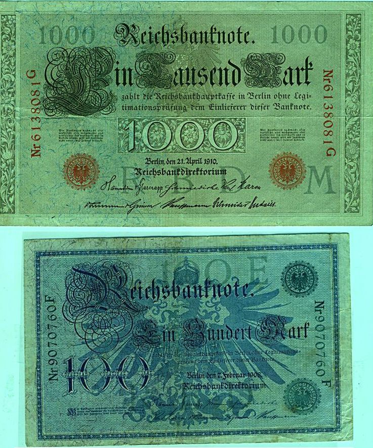 Германския банкнота 1000 и 100  марок начала 20 века.  Из коллекции Лимарева В.Н.